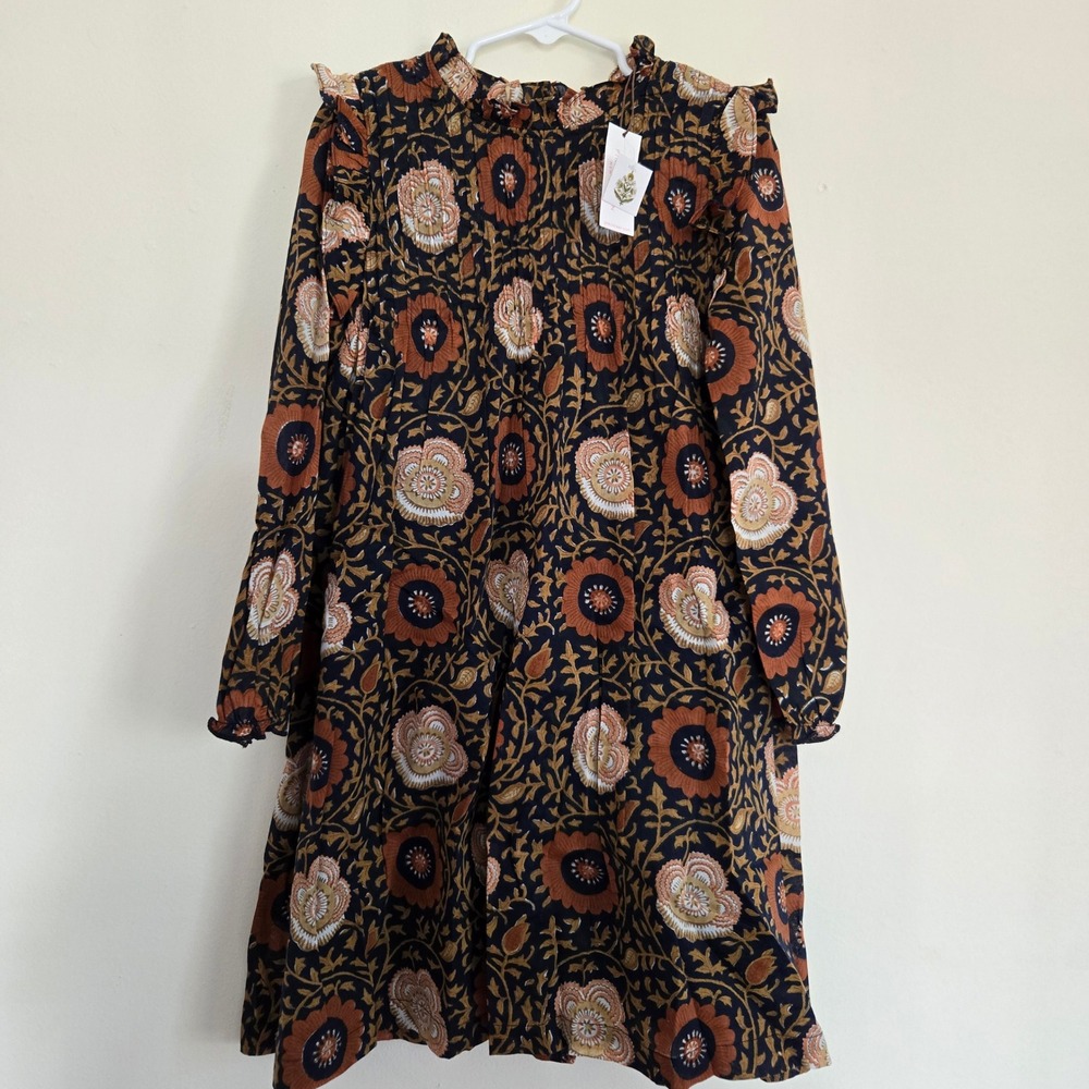 Pink Chicken New York Girls Floral Block Print Ruffle Dress Navy Rust 8Y‎ NWT